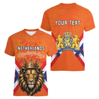 Personalized Netherlands King's Day Women V-Neck T-Shirt Koningsdag Lion King With Crown