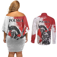 Polish Winged Hussar Couples Matching Off Shoulder Short Dress and Long Sleeve Button Shirt Grunge Style