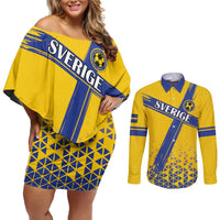 Custom Sweden Football Couples Matching Off Shoulder Short Dress and Long Sleeve Button Shirt Sveriges herrlandslag i fotboll