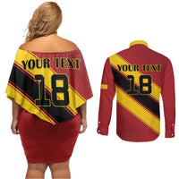Custom Spain Football Couples Matching Off Shoulder Short Dress and Long Sleeve Button Shirt Come On La Roja Sporty Style