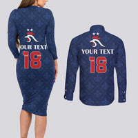 Custom France Football Couples Matching Long Sleeve Bodycon Dress and Long Sleeve Button Shirt Les Bleus French Heraldry Pattern