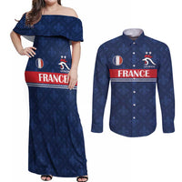 Custom France Football Couples Matching Off Shoulder Maxi Dress and Long Sleeve Button Shirt Les Bleus French Heraldry Pattern