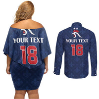 Custom France Football Couples Matching Off Shoulder Short Dress and Long Sleeve Button Shirt Les Bleus French Heraldry Pattern