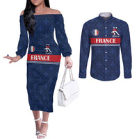 Custom France Football Couples Matching Off The Shoulder Long Sleeve Dress and Long Sleeve Button Shirt Les Bleus French Heraldry Pattern