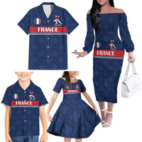 Custom France Football Family Matching Off The Shoulder Long Sleeve Dress and Hawaiian Shirt Les Bleus French Heraldry Pattern