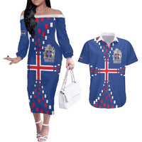 Custom Iceland Football Couples Matching Off The Shoulder Long Sleeve Dress and Hawaiian Shirt Go Champion