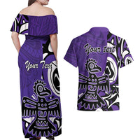 Personalized Canada Haida Eagle Couples Matching Off Shoulder Maxi Dress and Hawaiian Shirt Purple Style - Wonder Print Shop