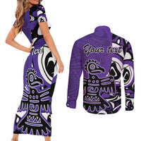 Personalized Canada Haida Eagle Couples Matching Short Sleeve Bodycon Dress and Long Sleeve Button Shirt Purple Style - Wonder Print Shop