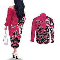 Personalized Canada Haida Eagle Couples Matching Off The Shoulder Long Sleeve Dress and Long Sleeve Button Shirt Pink Style