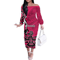 Personalized Canada Haida Eagle Off The Shoulder Long Sleeve Dress Pink Style - Wonder Print Shop