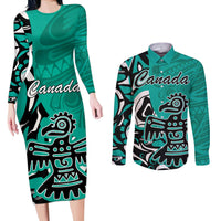 Personalized Canada Haida Eagle Couples Matching Long Sleeve Bodycon Dress and Long Sleeve Button Shirt Turquoise Style - Wonder Print Shop