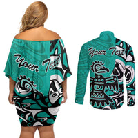 Personalized Canada Haida Eagle Couples Matching Off Shoulder Short Dress and Long Sleeve Button Shirt Turquoise Style - Wonder Print Shop