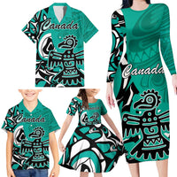 Personalized Canada Haida Eagle Family Matching Long Sleeve Bodycon Dress and Hawaiian Shirt Turquoise Style - Wonder Print Shop