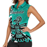 Personalized Canada Haida Eagle Women Sleeveless Polo Shirt Turquoise Style - Wonder Print Shop