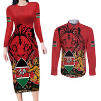Kenya Couples Matching Long Sleeve Bodycon Dress and Long Sleeve Button Shirt Coat Of Arms With Kente Patterns - Wonder Print Shop