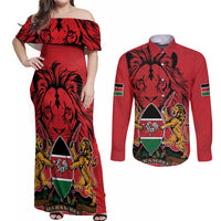 Kenya Couples Matching Off Shoulder Maxi Dress and Long Sleeve Button Shirt Coat Of Arms With Kente Patterns - Wonder Print Shop