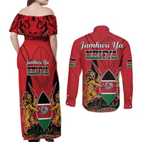 Kenya Couples Matching Off Shoulder Maxi Dress and Long Sleeve Button Shirt Coat Of Arms With Kente Patterns - Wonder Print Shop