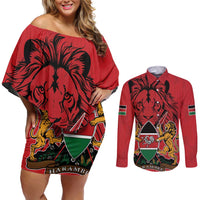 Kenya Couples Matching Off Shoulder Short Dress and Long Sleeve Button Shirt Coat Of Arms With Kente Patterns - Wonder Print Shop