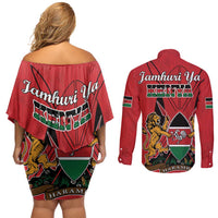 Kenya Couples Matching Off Shoulder Short Dress and Long Sleeve Button Shirt Coat Of Arms With Kente Patterns - Wonder Print Shop