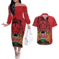 Kenya Couples Matching Off The Shoulder Long Sleeve Dress and Hawaiian Shirt Coat Of Arms With Kente Patterns - Wonder Print Shop