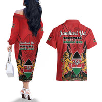 Kenya Couples Matching Off The Shoulder Long Sleeve Dress and Hawaiian Shirt Coat Of Arms With Kente Patterns - Wonder Print Shop