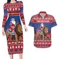 Netherlands Christmas Personalized Couples Matching Long Sleeve Bodycon Dress and Hawaiian Shirt Santa Riding Lion Fijne Kerstdagen - Wonder Print Shop