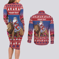 Netherlands Christmas Personalized Couples Matching Long Sleeve Bodycon Dress and Long Sleeve Button Shirt Santa Riding Lion Fijne Kerstdagen - Wonder Print Shop