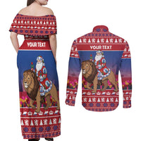 Netherlands Christmas Personalized Couples Matching Off Shoulder Maxi Dress and Long Sleeve Button Shirt Santa Riding Lion Fijne Kerstdagen - Wonder Print Shop