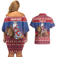 Netherlands Christmas Personalized Couples Matching Off Shoulder Short Dress and Hawaiian Shirt Santa Riding Lion Fijne Kerstdagen - Wonder Print Shop