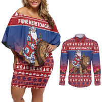 Netherlands Christmas Personalized Couples Matching Off Shoulder Short Dress and Long Sleeve Button Shirt Santa Riding Lion Fijne Kerstdagen - Wonder Print Shop