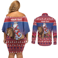 Netherlands Christmas Personalized Couples Matching Off Shoulder Short Dress and Long Sleeve Button Shirt Santa Riding Lion Fijne Kerstdagen - Wonder Print Shop
