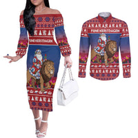 Netherlands Christmas Personalized Couples Matching Off The Shoulder Long Sleeve Dress and Long Sleeve Button Shirt Santa Riding Lion Fijne Kerstdagen - Wonder Print Shop