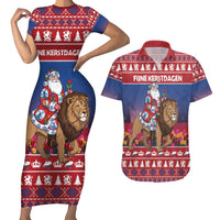 Netherlands Christmas Personalized Couples Matching Short Sleeve Bodycon Dress and Hawaiian Shirt Santa Riding Lion Fijne Kerstdagen - Wonder Print Shop