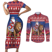 Netherlands Christmas Personalized Couples Matching Short Sleeve Bodycon Dress and Long Sleeve Button Shirt Santa Riding Lion Fijne Kerstdagen - Wonder Print Shop
