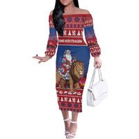 Netherlands Christmas Personalized Family Matching Off The Shoulder Long Sleeve Dress and Hawaiian Shirt Santa Riding Lion Fijne Kerstdagen - Wonder Print Shop