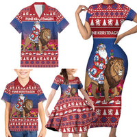 Netherlands Christmas Personalized Family Matching Short Sleeve Bodycon Dress and Hawaiian Shirt Santa Riding Lion Fijne Kerstdagen - Wonder Print Shop