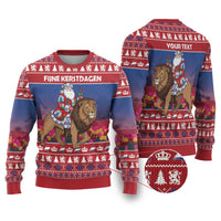 Netherlands Christmas Personalized Ugly Christmas Sweater Santa Riding Lion Fijne Kerstdagen - Wonder Print Shop