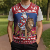Netherlands Christmas Personalized Christmas Knitted V-Neck Vest Santa Riding Lion Fijne Kerstdagen - Wonder Print Shop