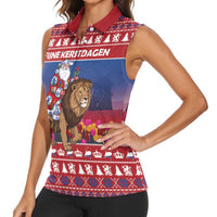 Netherlands Christmas Personalized Women Sleeveless Polo Shirt Santa Riding Lion Fijne Kerstdagen - Wonder Print Shop