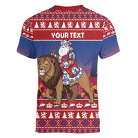 Netherlands Christmas Personalized Women V-Neck T-Shirt Santa Riding Lion Fijne Kerstdagen - Wonder Print Shop