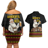 Funny Santa Claus Couples Matching Off Shoulder Short Dress and Hawaiian Shirt It's The Most Wonderful Time For A Beer - Wonder Print Shop