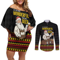 Funny Santa Claus Couples Matching Off Shoulder Short Dress and Long Sleeve Button Shirt It's The Most Wonderful Time For A Beer - Wonder Print Shop