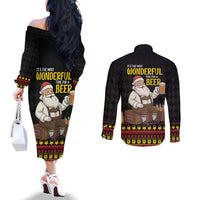 Funny Santa Claus Couples Matching Off The Shoulder Long Sleeve Dress and Long Sleeve Button Shirt It's The Most Wonderful Time For A Beer - Wonder Print Shop