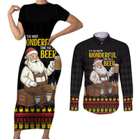 Funny Santa Claus Couples Matching Short Sleeve Bodycon Dress and Long Sleeve Button Shirt It's The Most Wonderful Time For A Beer - Wonder Print Shop