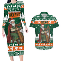 Ireland Christmas Personalized Couples Matching Long Sleeve Bodycon Dress and Hawaiian Shirt Daidi na Nollag With Irish Harp - Wonder Print Shop