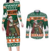 Ireland Christmas Personalized Couples Matching Long Sleeve Bodycon Dress and Long Sleeve Button Shirt Daidi na Nollag With Irish Harp - Wonder Print Shop