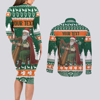 Ireland Christmas Personalized Couples Matching Long Sleeve Bodycon Dress and Long Sleeve Button Shirt Daidi na Nollag With Irish Harp - Wonder Print Shop