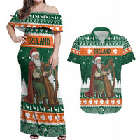 Ireland Christmas Personalized Couples Matching Off Shoulder Maxi Dress and Hawaiian Shirt Daidi na Nollag With Irish Harp - Wonder Print Shop