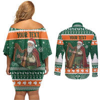 Ireland Christmas Personalized Couples Matching Off Shoulder Short Dress and Long Sleeve Button Shirt Daidi na Nollag With Irish Harp - Wonder Print Shop