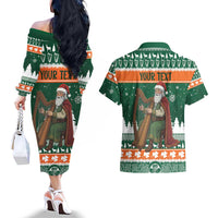 Ireland Christmas Personalized Couples Matching Off The Shoulder Long Sleeve Dress and Hawaiian Shirt Daidi na Nollag With Irish Harp - Wonder Print Shop